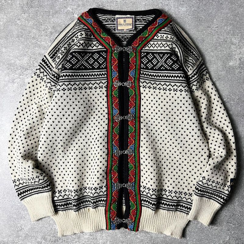 ノルウェー製 DALE of Norway ノルディック 総柄 ウール ニット チロル カーディガン M / ダーレ メタル フック セーター