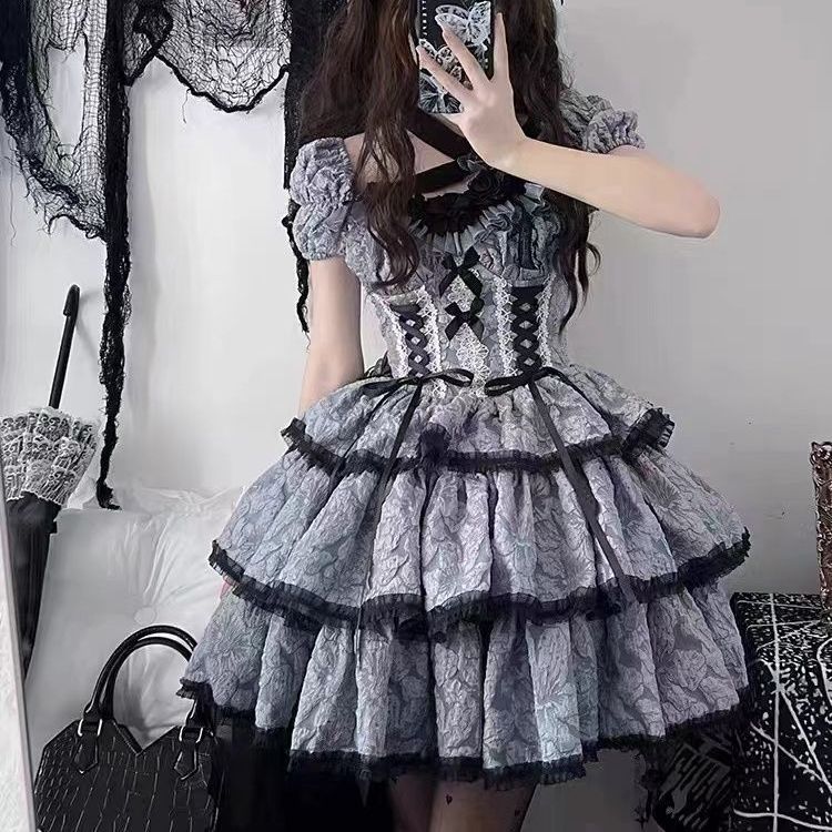 ♥ Lolita 4色選べるロリータ ワンピース フリルリボン付き プリンセス風 jsk 地雷系 甘ロリ 推し活 痛バコーデ S-Lサイズ
