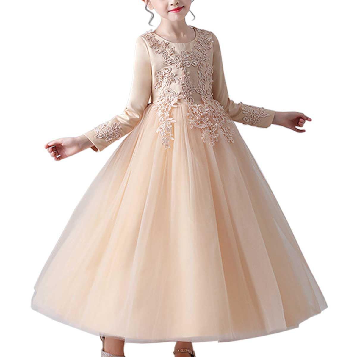 Size:150_Color:シャンパン [DYIOPMFGZ] CHUMO 子供ドレス 女の子 ロングドレス 長袖 フォーマルドレス プリンセスドレス レース チュール ガールズ キッズ ピアノ 演奏会 発表会 フォーマル 結婚式 パ