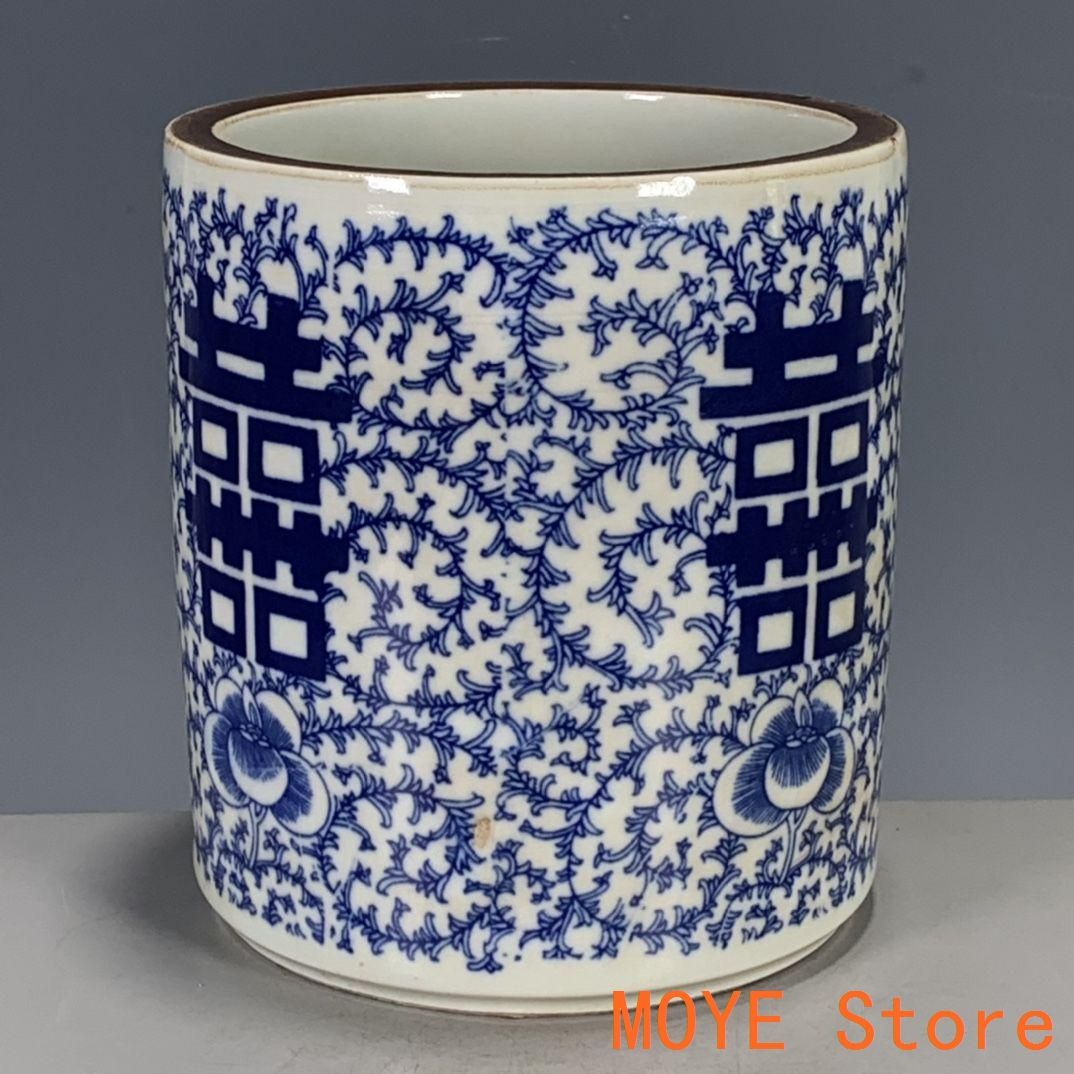 青花花喜字筆箱 文房器 書道具 文房具 現代工芸品 美術品 置物