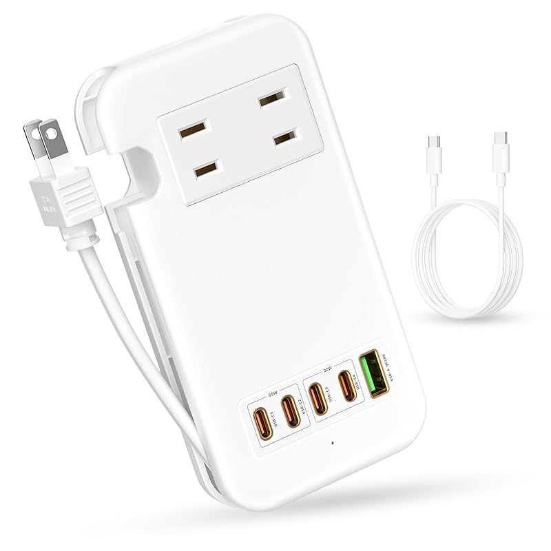 素直な虹 電源タップ USB-C コンセント PD 65W Type-C 【4つUSB-C ポート・USB-A ポート・２つACコンセント・PSE認証済・ケーブル収納式】急速充電 USB C-C 65Wケーブル付き 電源ケーブル30cm AC1400W出力 1