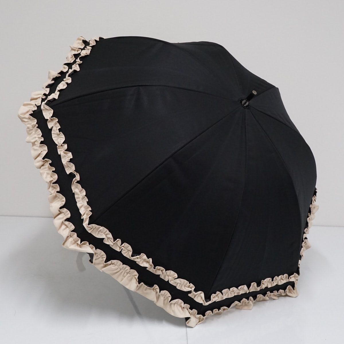 日傘 芦屋ロサブラン 完全遮光日傘 ショートサイズ ダブルフリル ブラック×ベージュ 遮光 遮熱 50cm S2634