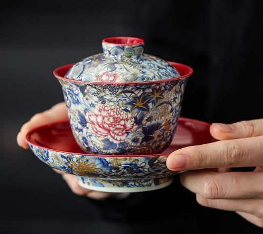 中国茶器 五彩花卉図紋三才蓋 煎茶器 茶道具 茶碗 中国茶器 金色万