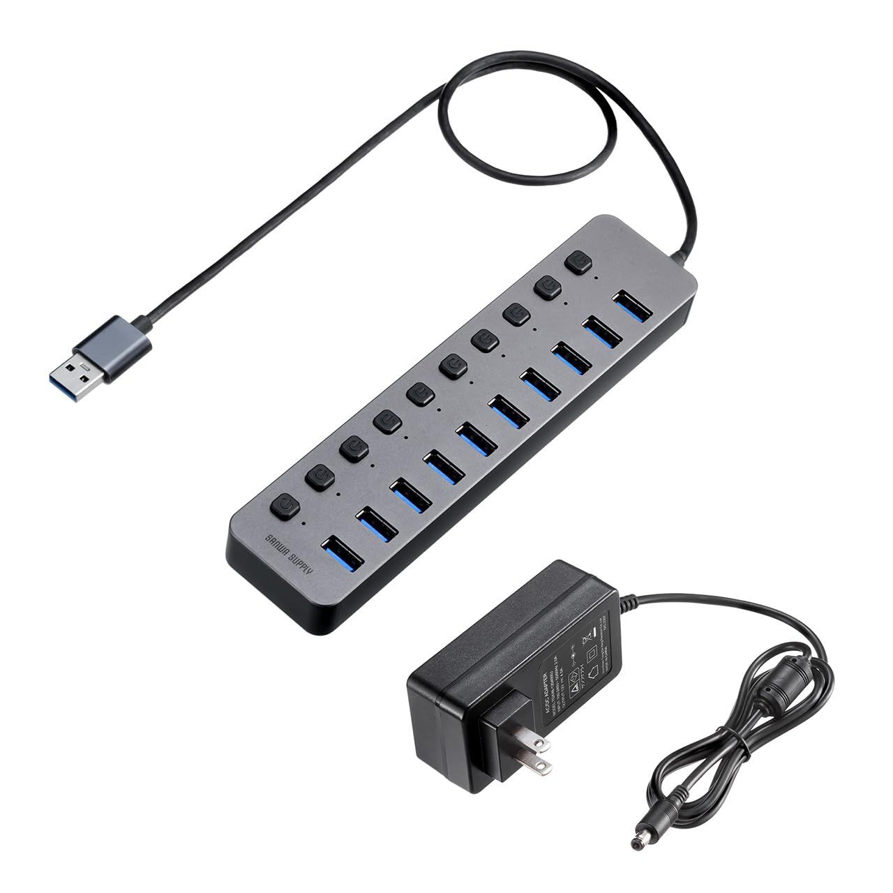 サンワダイレクト USBハブ 10ポート セルフパワー USB充電器 個別スイッチ付 USB3.2/5Gbps ACアダプタ付 400-HUBA23GM 