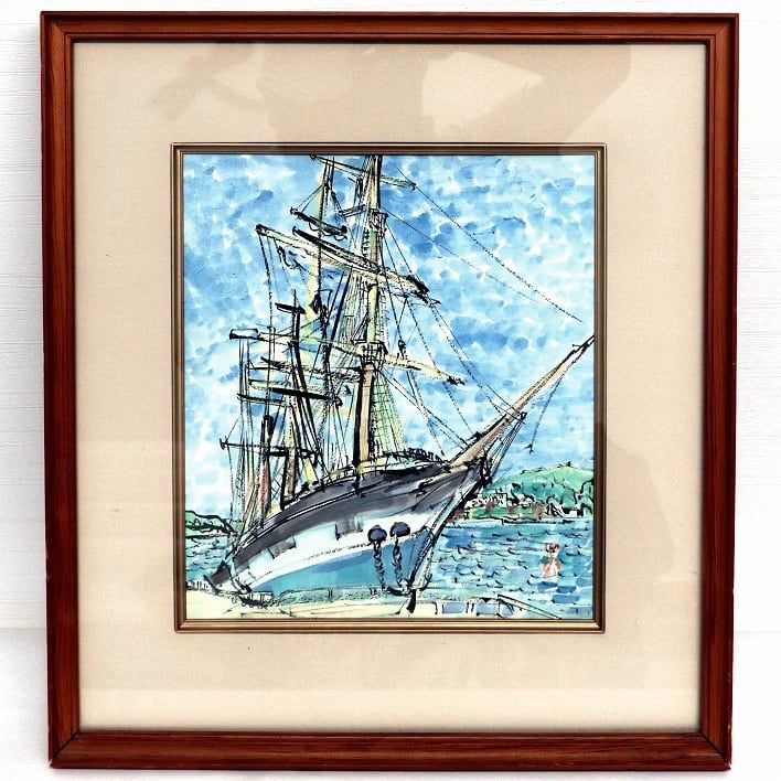 剣持宏 色紙 水彩画 額入 帆船 No.180624-59 梱包サイズ100
