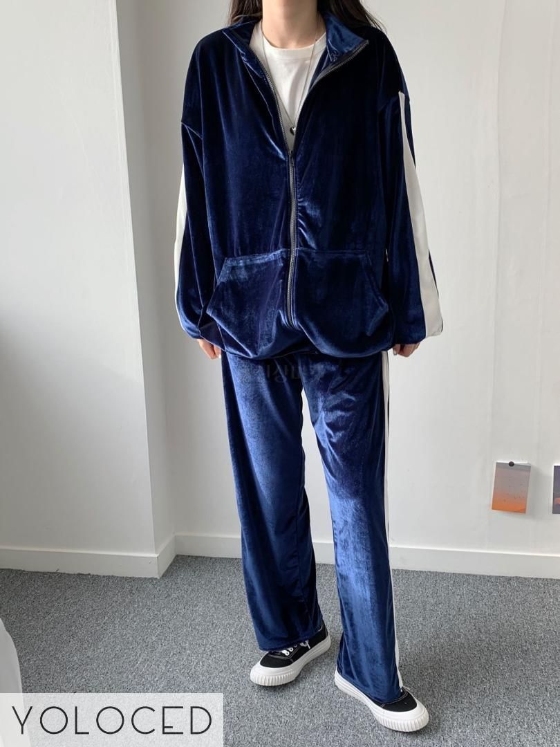 上下セット】ベルベット セットアップ ブルー 韓国 メンズ ダンス