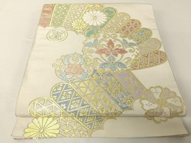 平和屋着物○西陣 川島織物 六通柄 本袋帯 檜扇花文 金銀糸 正絹 逸品