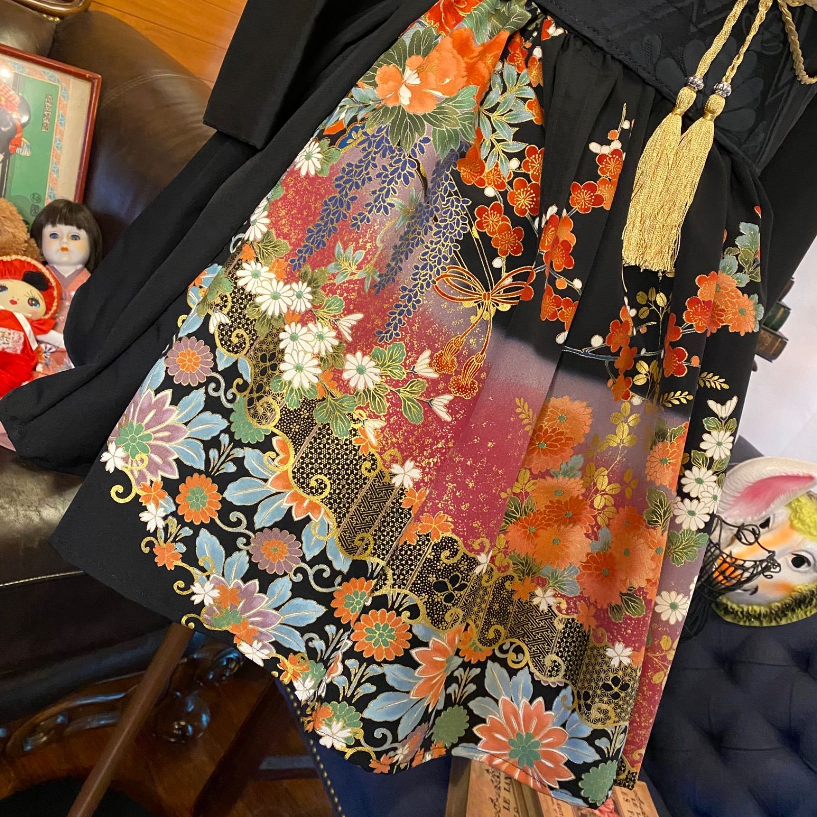 黒留袖 取り外せれ 着物 和 モダン ハンドメイド リメイク ワンピース  