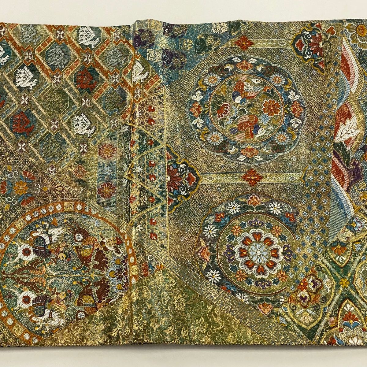 袋帯 美品 逸品 正倉院名物裂集成 狩猟文 金糸 箔 緑 六通 正絹