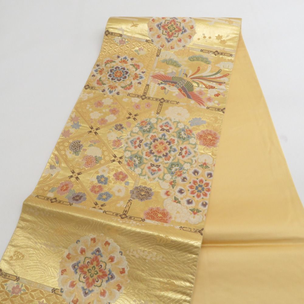 袋帯 正絹 金糸 華紋に鳥文様 緑色x金色x紫色 六通柄 フォーマル