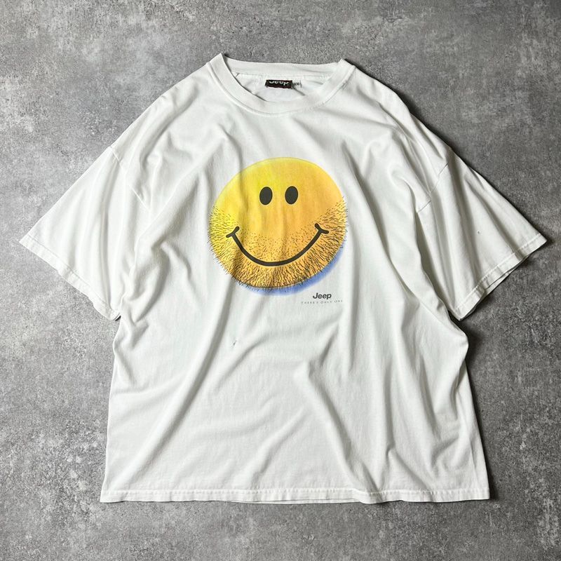 90s Jeep 企業物 スマイル ニコちゃん 髭 プリント 半袖 Tシャツ XXL 