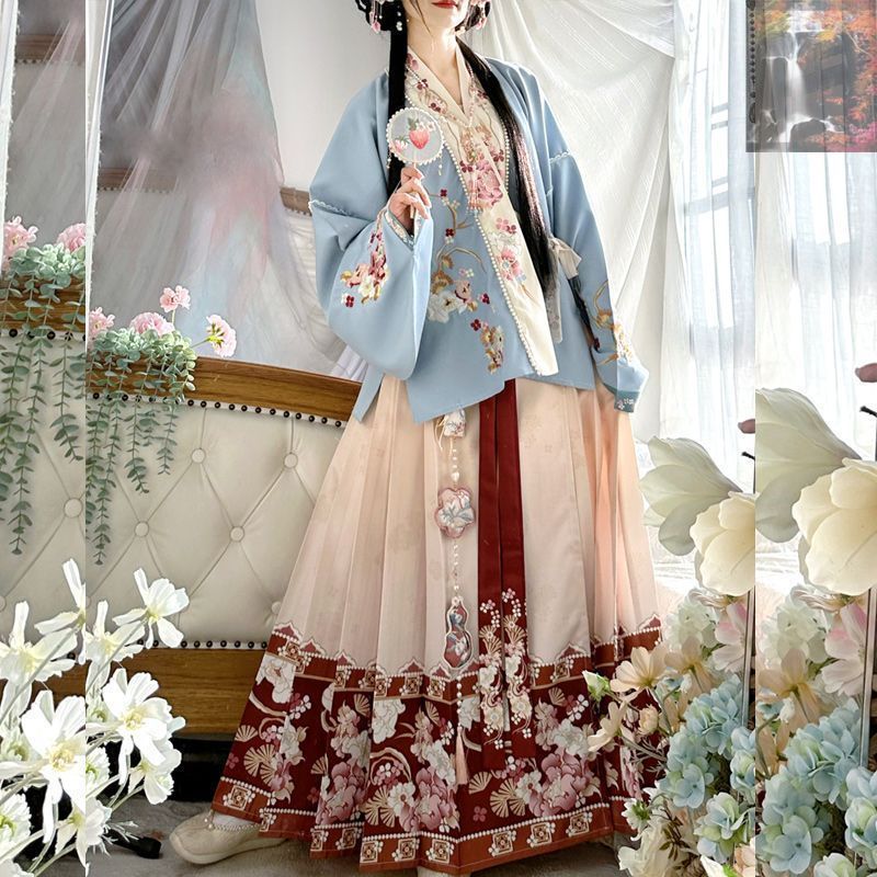 裊裊烟織 明制 馬面裙 日常 中華漢服　H28＃ 新品未使用 明制対襟交穿刺繍漢服 春夏秋用 馬面裙 吊り帯付き