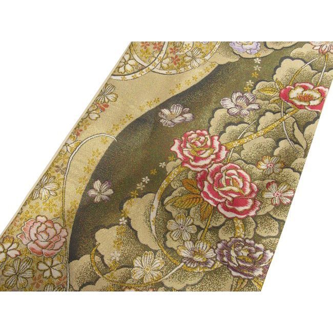 袋帯 振袖用 USED 正絹 仕立て上がり 黒×金 バラ No11 六通柄 振袖用  