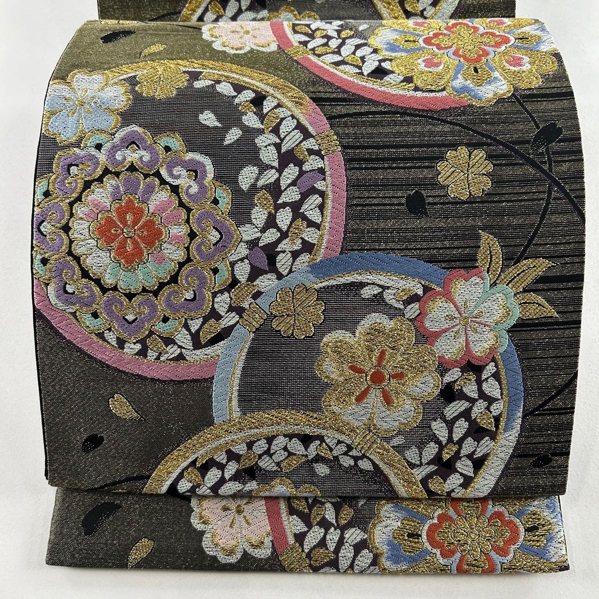 【秀品 美品振袖＋袋帯 2点セット】 74－1033 袋帯 美品 秀品 振袖向き 丸紋 桜 箔 金糸 金色 六通 正絹