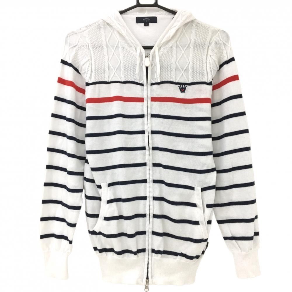 SALE価格【新品】キャロウェイ ニットパーカー 白×ネイビー ボーダー 刺しゅう レディース L ゴルフウェア Callaway