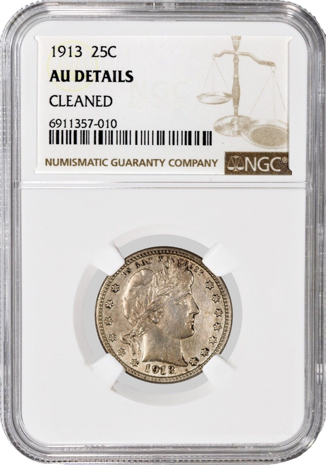 1913 25C Barber Quarter Silver NGC AU Details Cleaned Key Date Coin