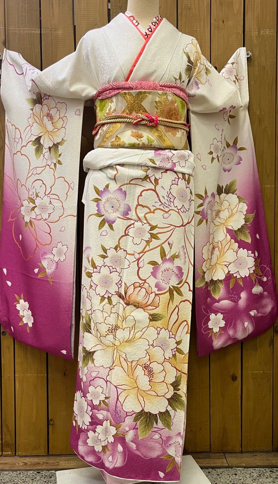 豪華絢爛綺麗G白×赤花身丈160cm裄丈70cm正絹振袖 k31☆