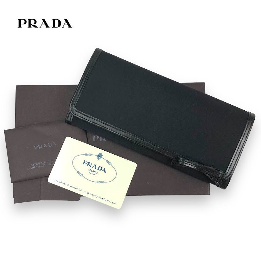 美品 PRADA プラダ 二つ折り財布 1M0201 ナイロン レザー ブラック リボンモチーフ 長財布 1M0201 【鑑定済み】