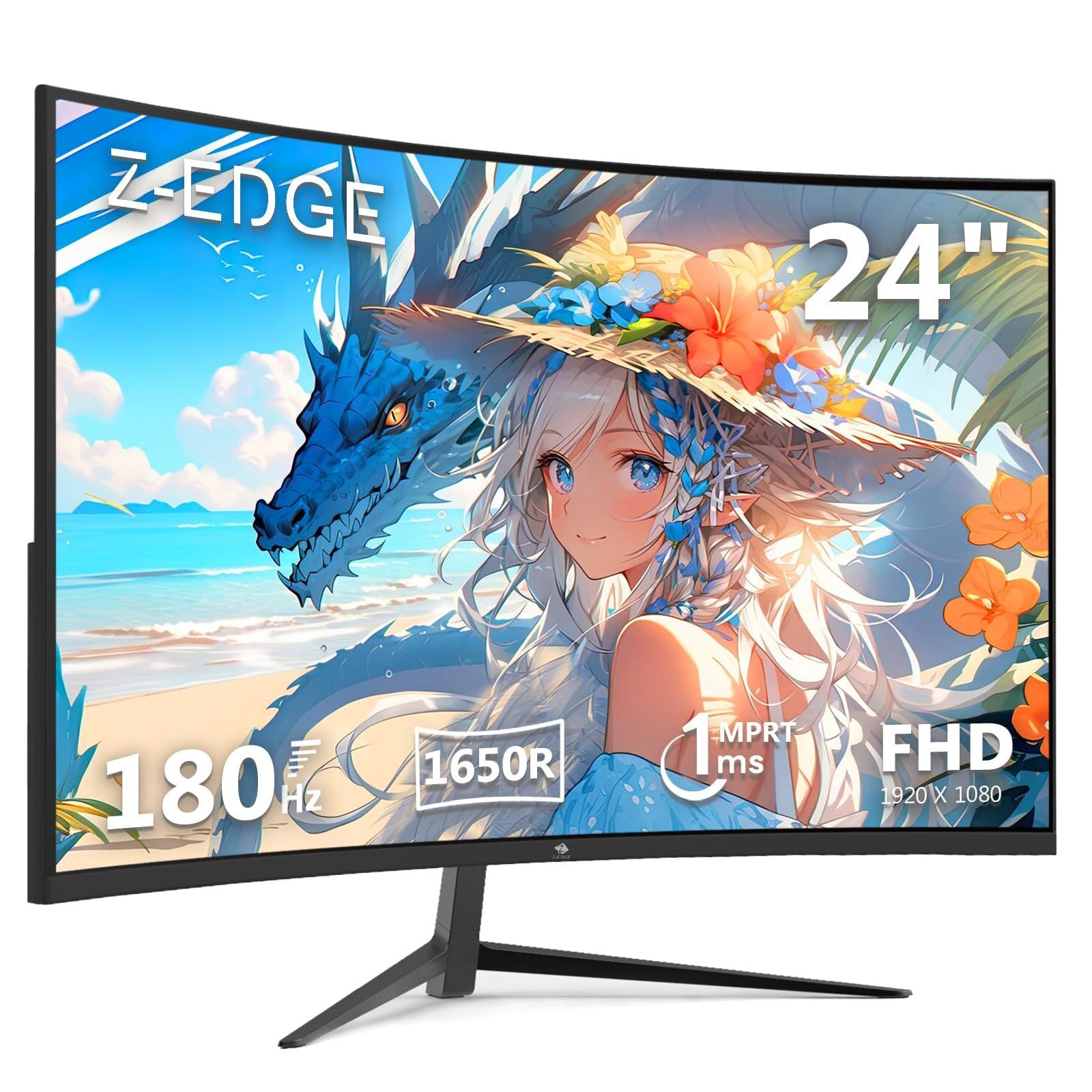 Z Z-Edge 湾曲ゲーミングモニター 24インチ 180Hz ディスプレイ LED FHD 1920x1080|非光沢|VAパネル|超薄型|HDR 標準輝度 300cd|㎡ |1ms|R1650曲面|FreeSync|HDMI|DisplayPort|スピ