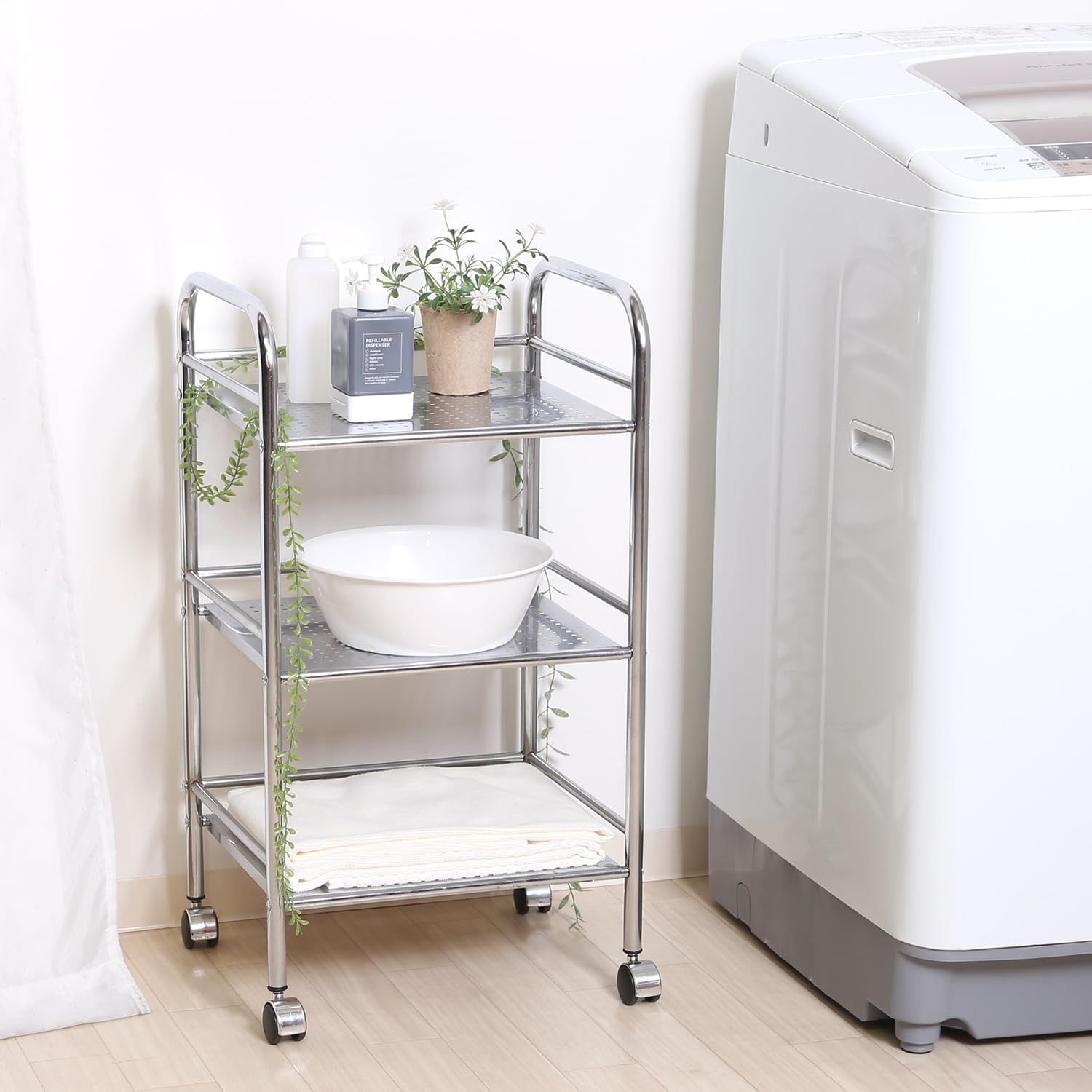 ガルバシェルフワゴン46×60cm 3段 ポール900 取っ手付きSV シルバー 組立式