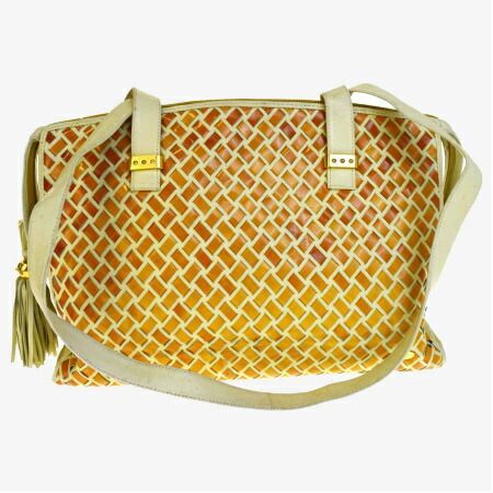 【中古】 中美品 バリー BALLY ショルダーバッグ フリンジ イエロー ブラウン パテント レザー 03V2186