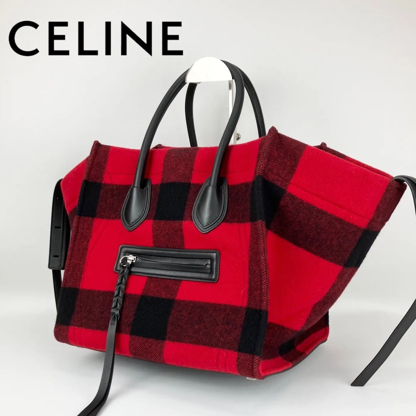 オープニング価格 【美品】CELINE セリーヌ ラゲージ ファントム チェック柄 トートバッグ ハンドバッグ レッド×ブラック - メルカリ