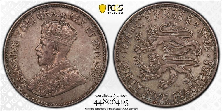 1928 PCGS AU53 | CYPR - 45 Piastres Pst Coin