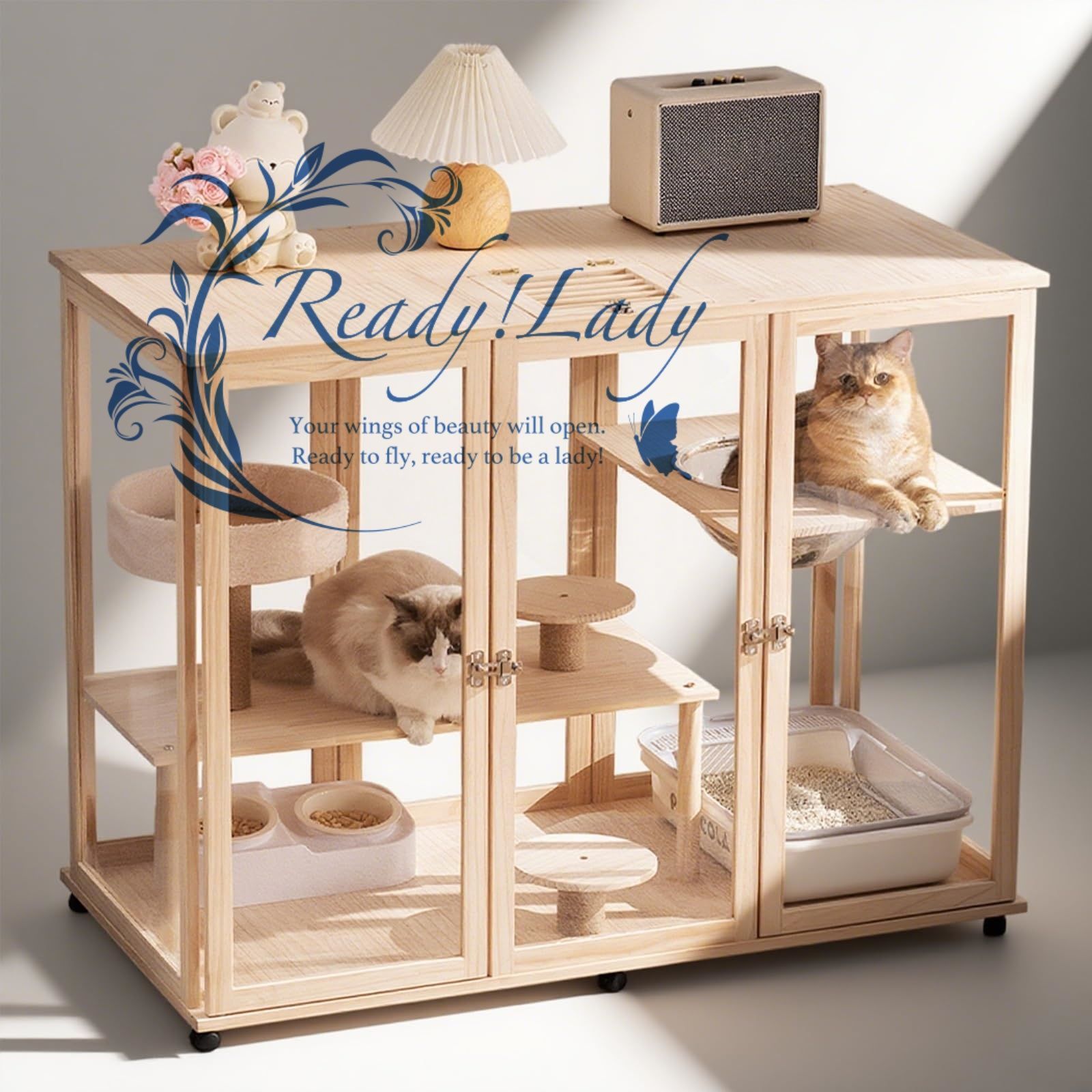 木製キャットケージ2段透明強化ガラス扉付きキャットヴィラ　60×60×H94cm 木製キャットケージ2段透明強化ガラス扉付きキャットヴィラ 60×60×