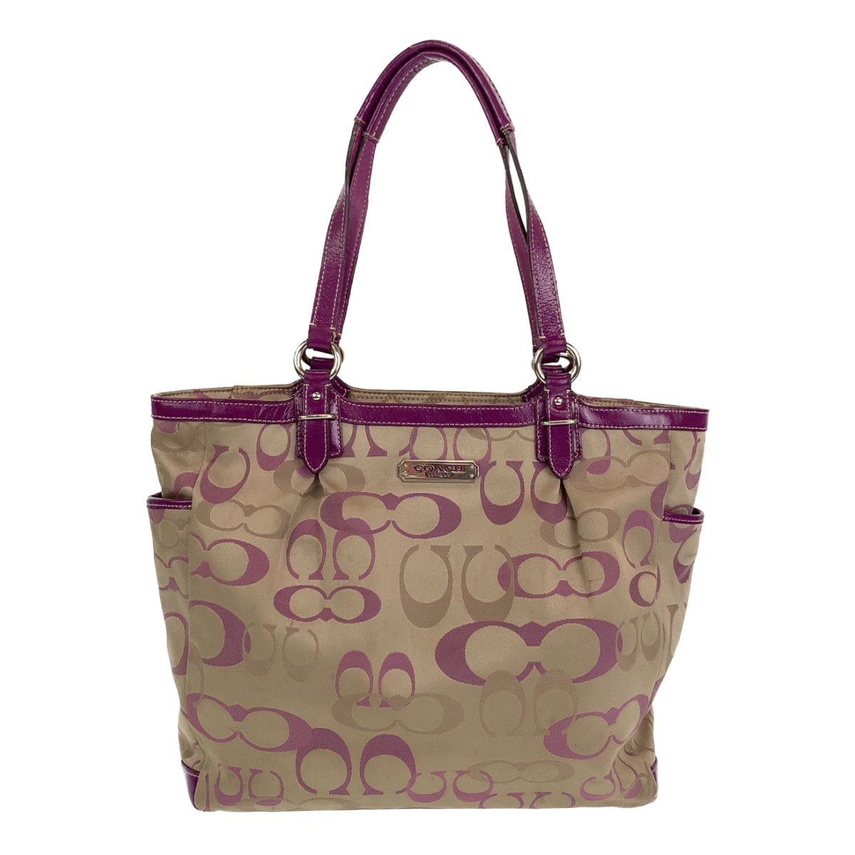 COACH コーチ シグネチャー ベージュ パープル 紫 シルバー金具 レザー 