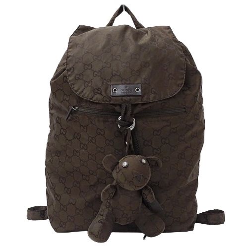 GUCCI バッグ レディースブランド リュックGGナイロン クマチャーム付き GUCCI バッグ レディースブランド リュックGGナイロン クマチャーム付き