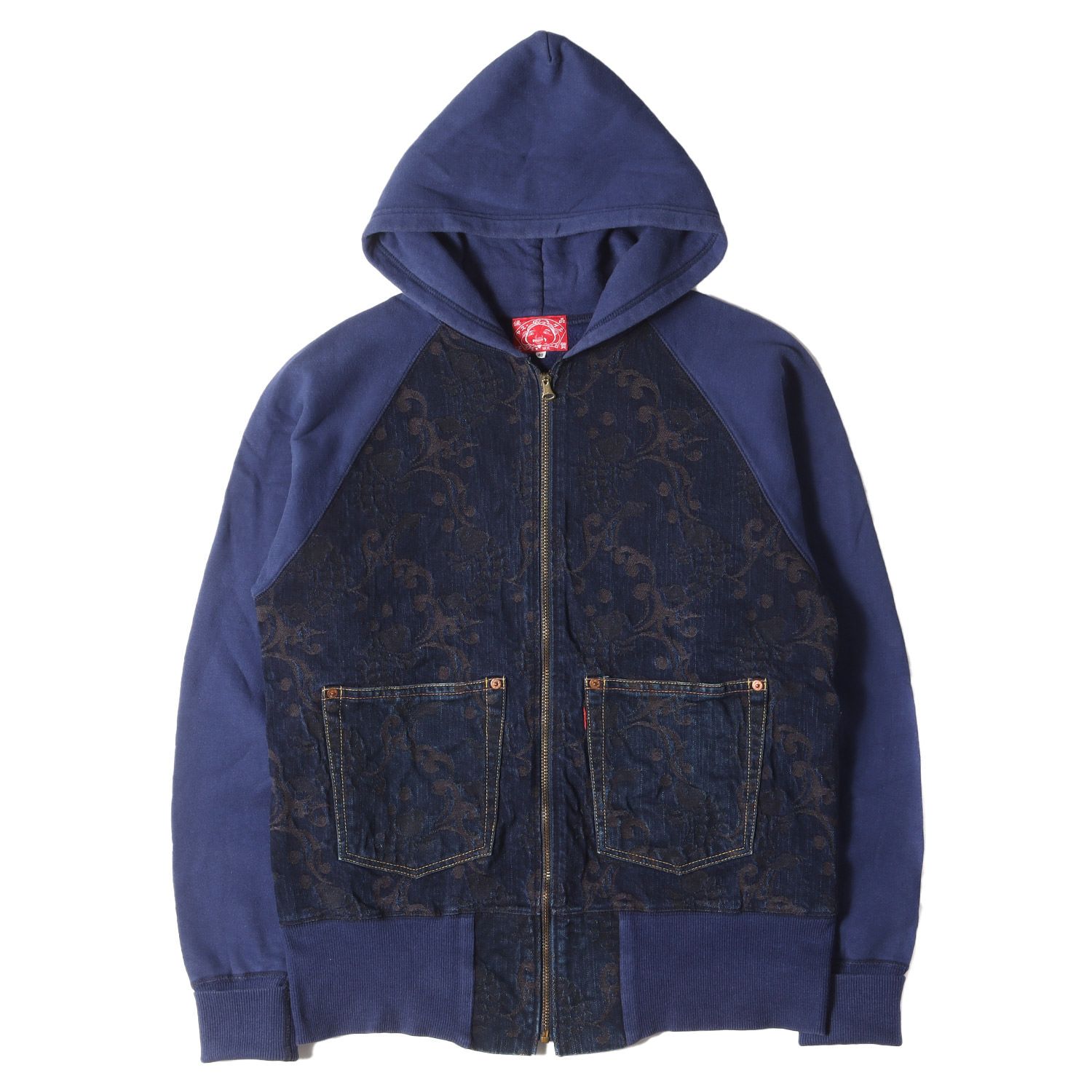 EVISU エヴィス パーカー サイズ:38(M) 唐草ジャガード デニム コンビ ジップ スウェットパーカー インディゴ ネイビー 日本製 トップス フーディー フーデッド スウェットシャツ【メンズ】