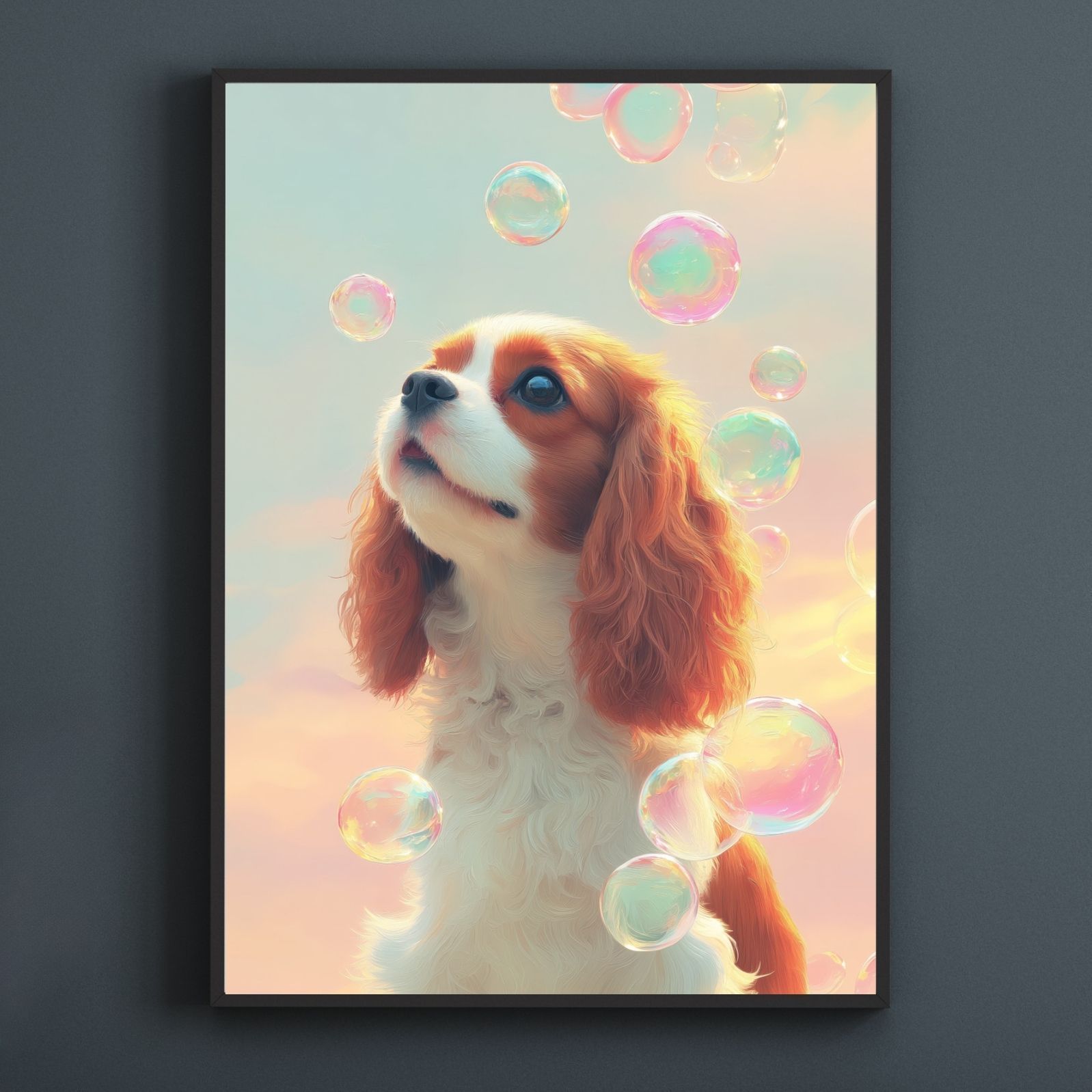 名入れOK 犬とシャボン玉 - キャバリア キングチャールズ スパニエル犬 No.1 ブレンハイム アートポスター ペットロス うちの子記念日 北欧 ナチュラル