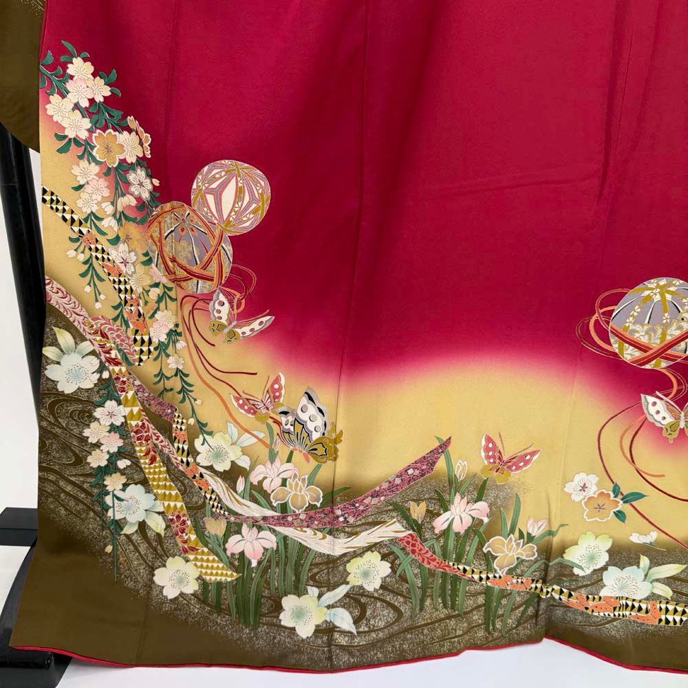 振袖 名品 身丈172cm 裄丈71cm 正絹 【中古】 美品】 振袖 身丈172cm 裄丈71.5cm L 袷 桜 波 金糸 金彩 青紫 正絹