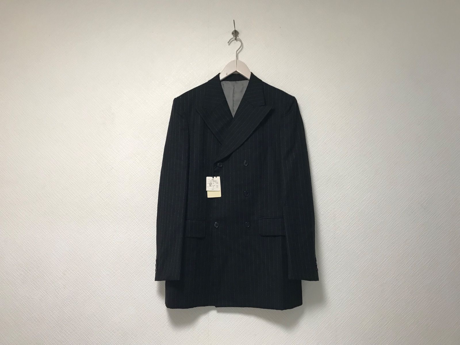 本物タケオキクチTAKEOKIKUCHIウールストライプ柄セットアップスーツダブルテーラードジャケットスラックスパンツ長袖サーフアメカジスケーターストリートミリタリービジネススーツパーティーモードドレスゴルフメンズ黒ブラック3 L