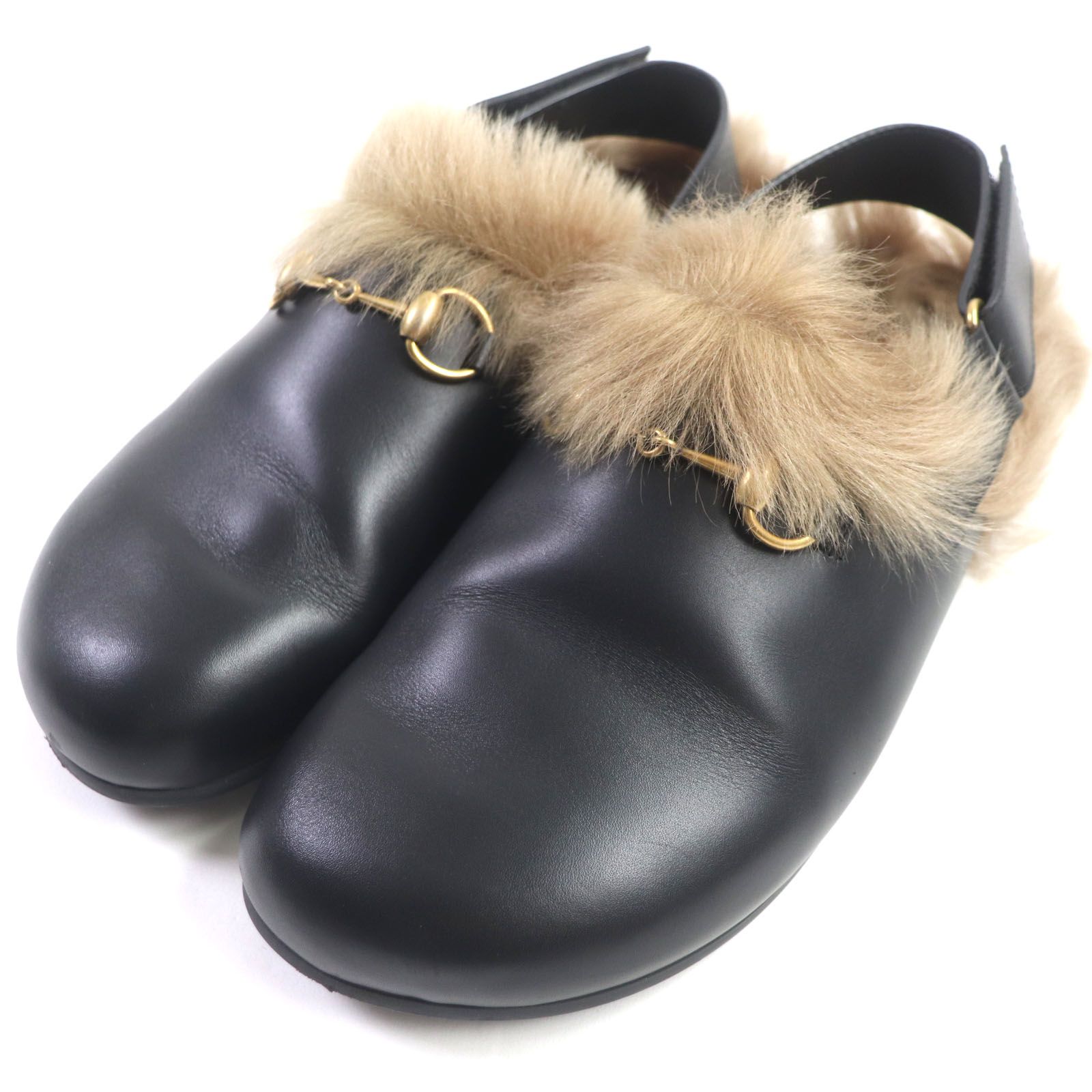 美品▽GUCCI グッチ 473493 ホースビット ファー レザー ミュール