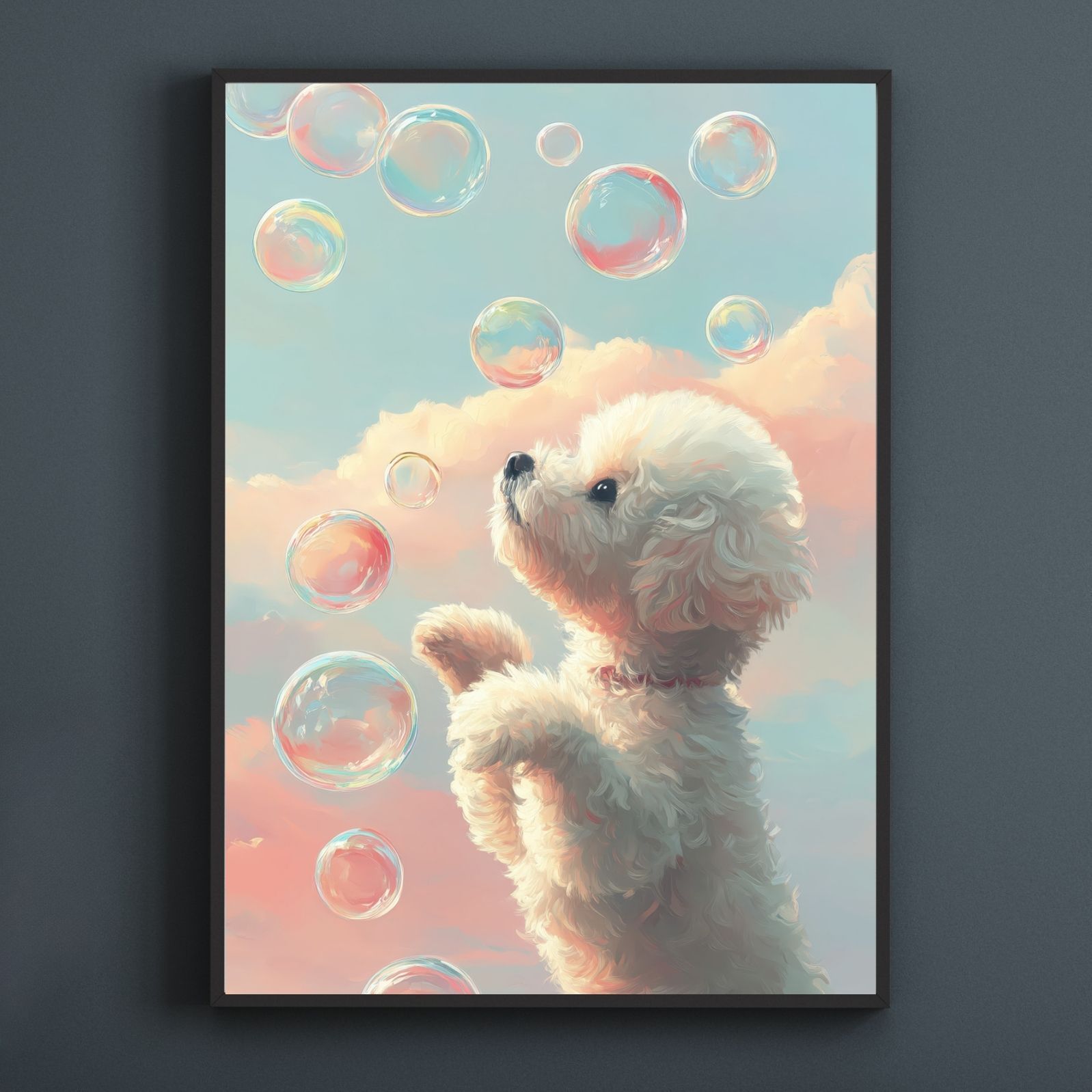 名入れOK 犬とシャボン玉 - ビションフリーゼ犬 No.1 アートポスター うちの子記念日 ペットロス 北欧 ナチュラル