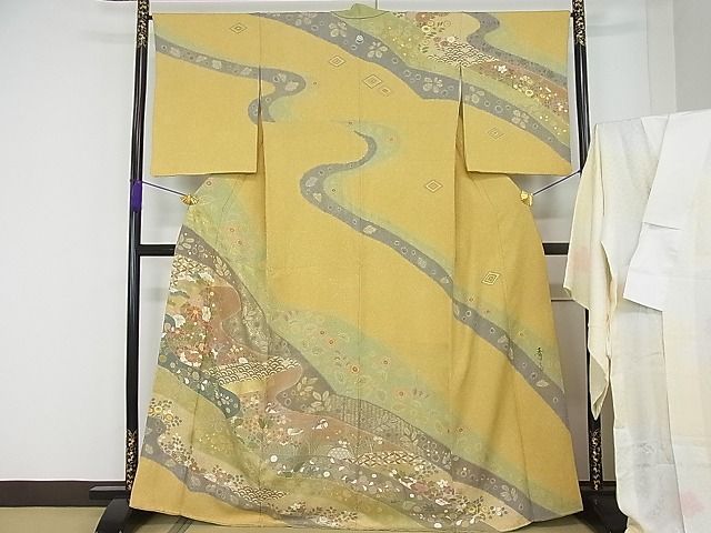 平和屋1□極上 本加賀友禅作家 松井眞夫 訪問着 枝垂れ柳 灰青色地 