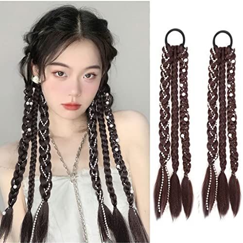 ダークブラウン DUOLEIMI ヘアエクステ 三つ編み ウィッグ パール カラーエクステ 編み込み エクステンション ポニーテール ウィッグ ツインテール エクステ ヘアアクセサリー 付け毛 キッズ 