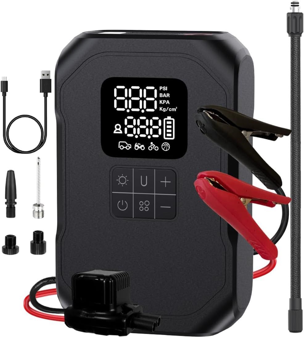 Kaedear カエディア バイク ジャンプスターター 空気入れ バイク用 エアポンプ エンジン始動 電動 エアーポンプ 電動空気入れ 充電式 usb充電器 8000mah ～999KPA 28L 分 最大始動電流1000A