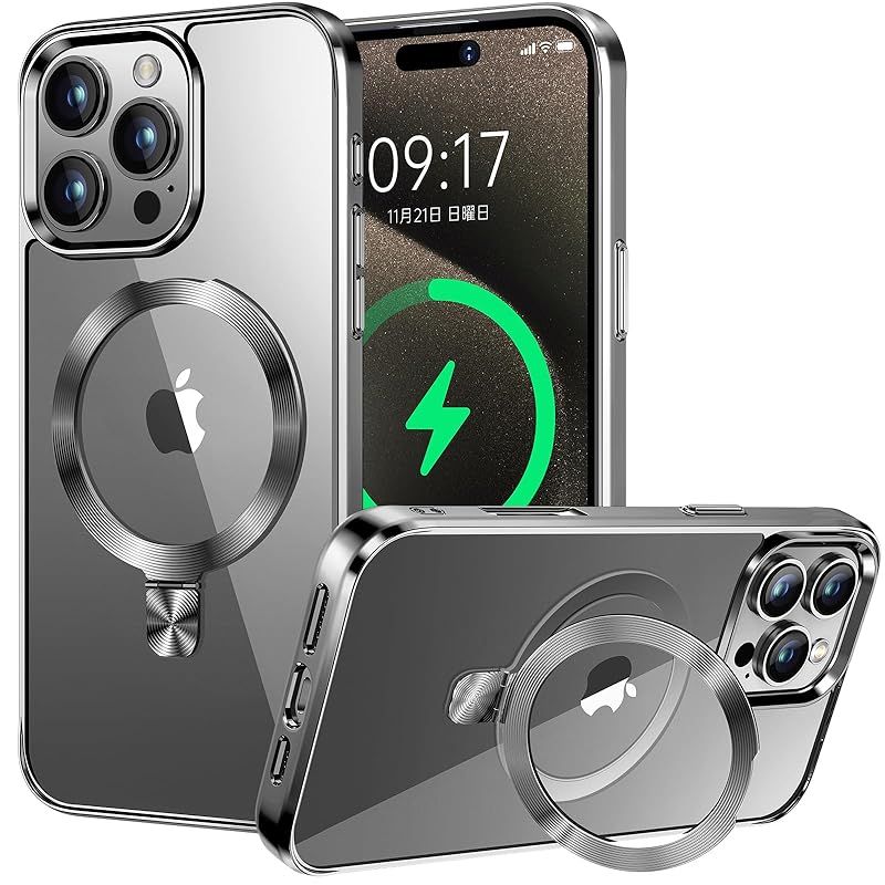 【CD MagSafeリング・スタンド一体】iPhone 16 Pro Max 用クリアケース[MagSafe対応・隠しスタンド] [本体の色・メッキバンパー]ストラップホール付き 角度調整可 米軍MIL規格取得・耐衝撃 アイホン16 Pro Max透明ケ