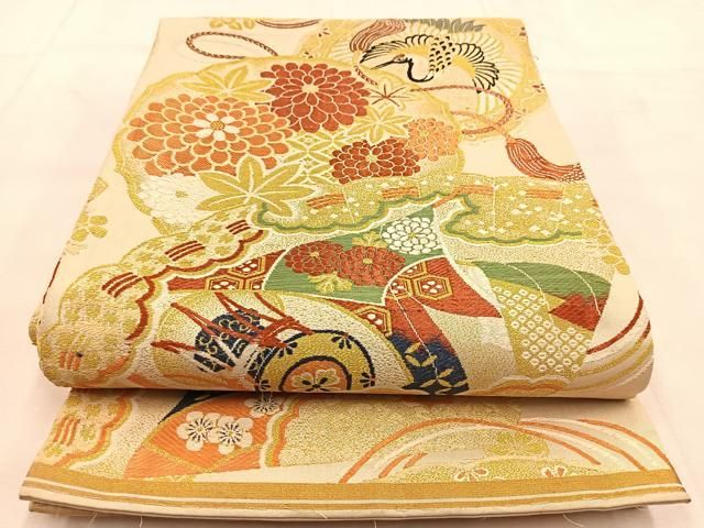 平和屋着物◎アンティーク 大正ロマン 丸帯 唐織 飛鶴吉祥花文 金糸 正絹