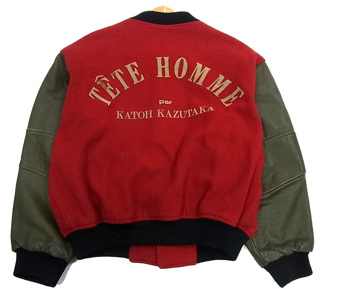 80s ヴィンテージ 希少■TETE HOMME KATOH KAZUTAKA 袖革 スタジャン ハロウィン バーシティジャケット コウモリ メンズ 秋冬物