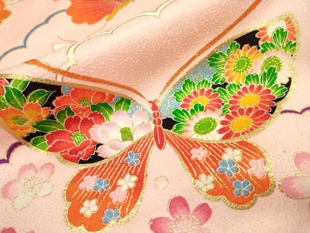 【訳あり】オレンジ色 蝶と花模様 着物 七五三用 訳あり】オレンジ色 蝶と花模様 着物 七五三用 【公式通販】