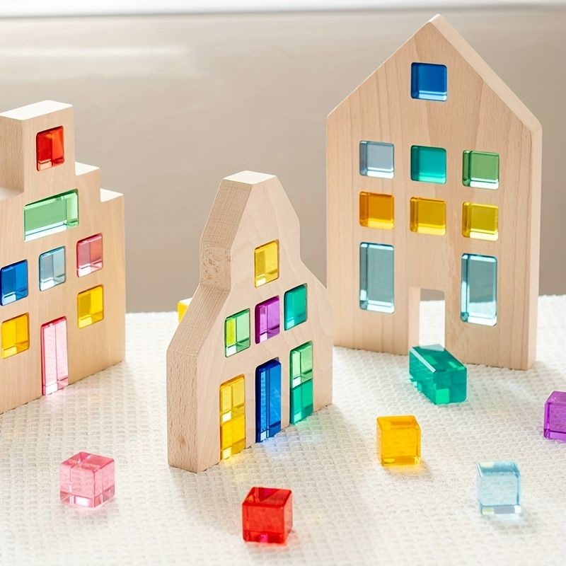 三つの木製家屋と25枚のカラフルで高透明なアクリルブロック|キャッスル木製工芸品