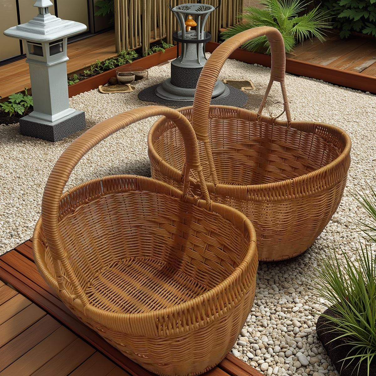 2個セット ハンドメイド PP素材 バスケット 大小セット ショッピング 収納 ピクニック アウトドア ギフト包装に最適 ナチュラルデザイン