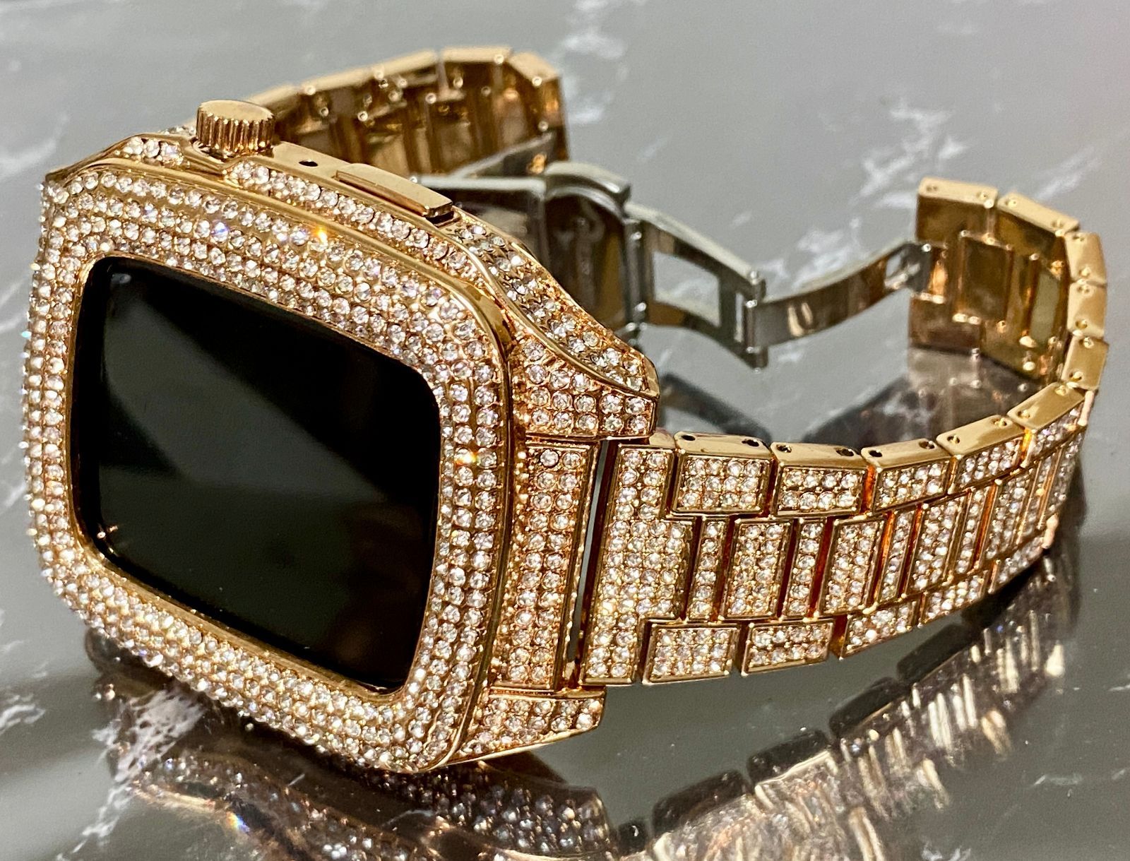 ローズゴールド アップルウォッチバンド ステンレス カバー キラキラ ラバー Apple Watch ケース 44mm 45mm メンズ レディース 調整器付き フルダイヤ