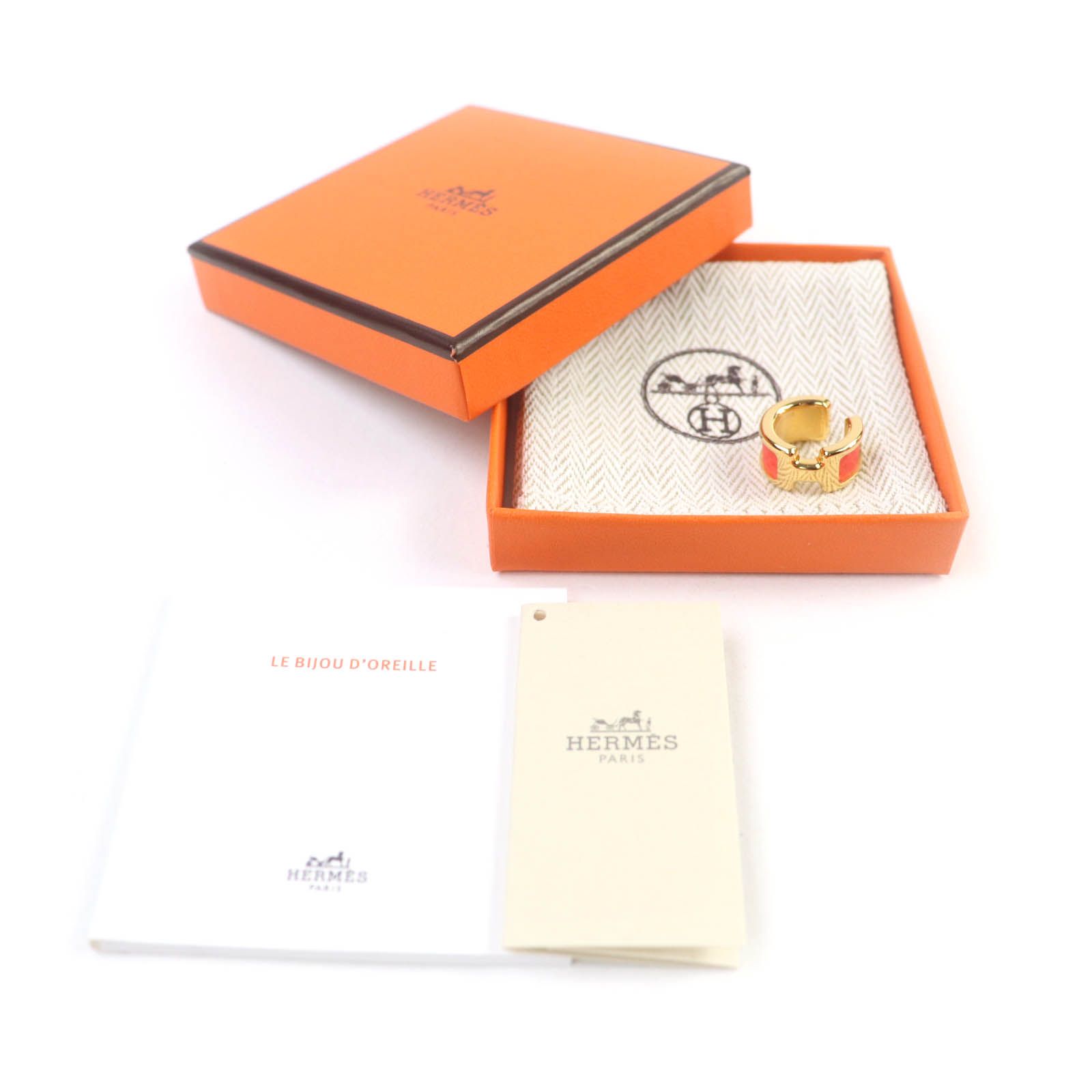 ♥品 HERMES エルメス イヤーカフ オランプ PM オレンジ レザー ゴールド金具 箱 保存袋付き フランス製 レディース