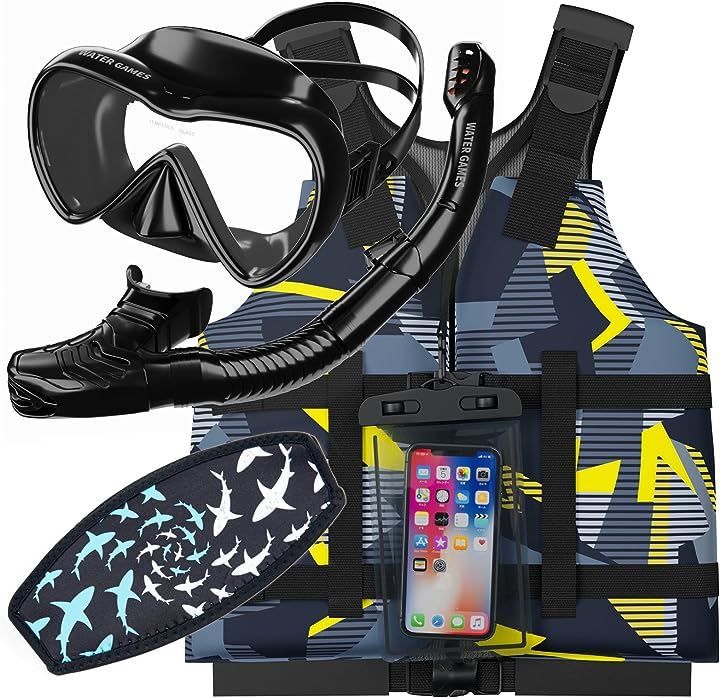 WATER GAMES シュノーケル マスク ライフベスト3点セット 防水スマホケース マスクのストラップカバー付き Bセット