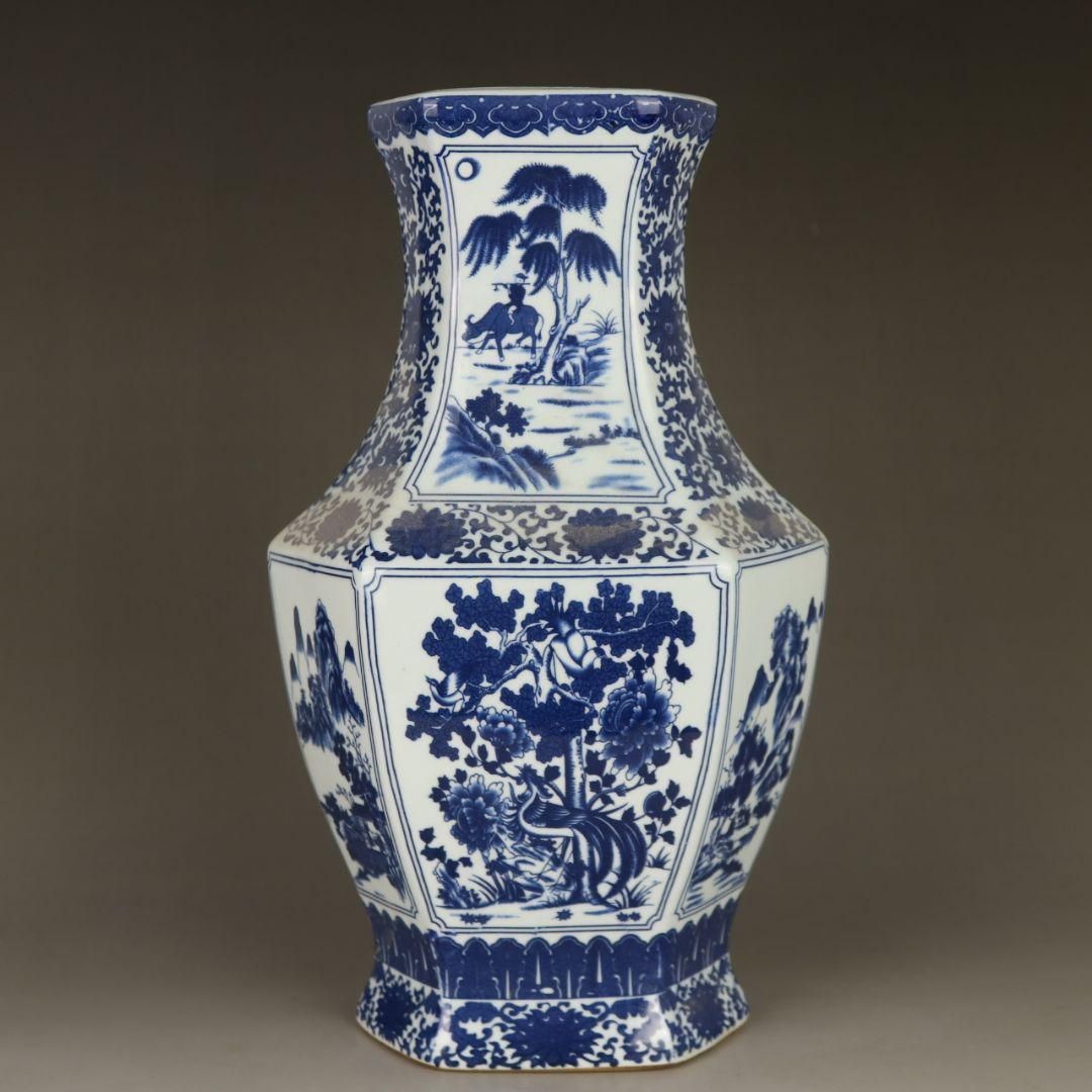 清乾隆青花花鸟六方将军罐 景徳鎮 陶磁器 装飾品 現代工芸品 美術品 置物 清乾隆青花人物花鳥六方賞瓶 景徳鎮 陶磁器 装飾品 現代工芸