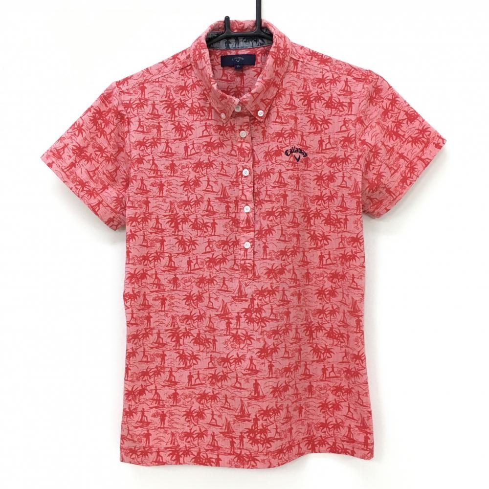 キャロウェイ 半袖ポロシャツ レッド ロゴネイビー 総柄 ヤシの木